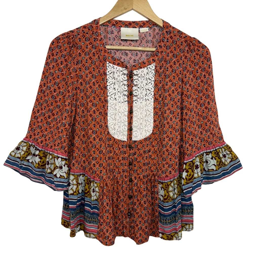 Maeve Anthropologie Mixed Print Blouse Sz 4 Orange Lace Bib Boho Ruffle Peasant - Picture 2 of 14